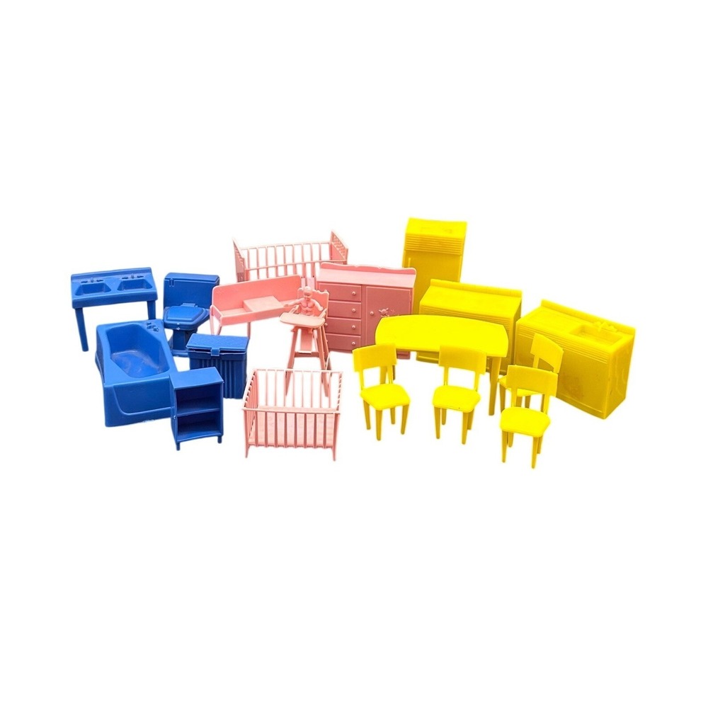 Vintage 1963 Multiple Products Inc Dollhouse Furniture Lot Pink Blue Yellow 18pc